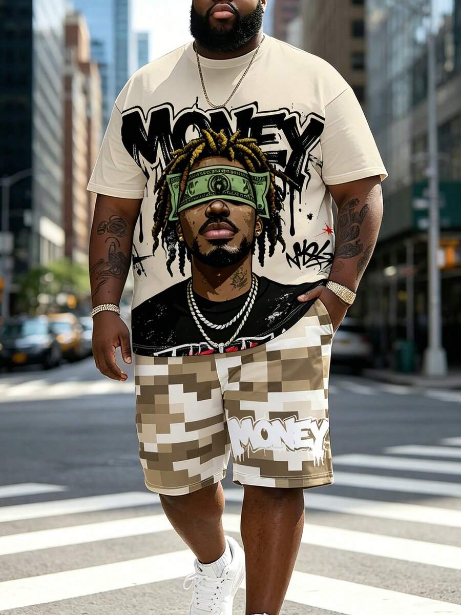 Men's 2-Piece Outfit, Plus Size, Men's Shorts, Men's Patterned Shirt, Streetwear "Hip Hop Men, Beige + Khaki Camouflage" Pattern Sports Set - Polyester Fabric, Drawstring, Pockets, Suitable For Plus Size - Beige - View 1
