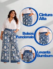 Wide Leg Jeans - Floral Print - High Waist - Shaping - Premium Style - 藍色 - View 6