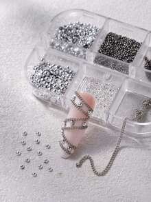 2 Boxes Gothic Halloween Metal Nail Art Charms, Snake Skull Cross Rivet, Silver Black Caviar Beads Rhinestone Chain, Punk Nail DIY Decoration - Multicolor - View 6