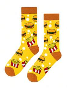 1/3/5 pares de calcetines de media caña para hombre con temática de comida rápida, patrón de hamburguesa y papas fritas amarillo brillante, diseño lindo de comida chatarra, adecuado para uso diario y como regalo de cumpleaños festivo - Multicolor - Ver 2