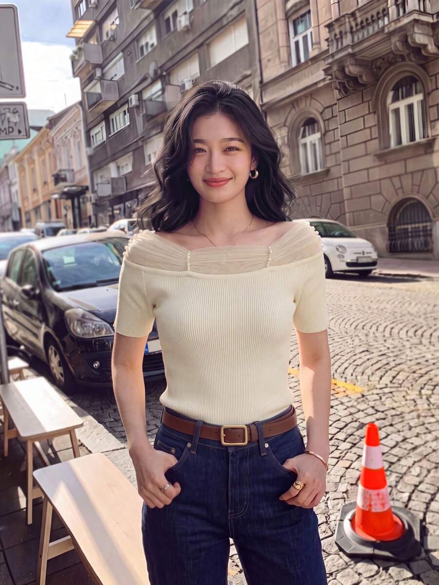 French Elegant Off Shoulder Mesh Splice Beaded Knit Sweater, Versatile Fitted Crop Top For Work, Dating, Vacation Summer - Apricot - View 1