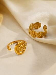 2pcs Stainless Steel Summer Vacation Style Ribbed Rings, Suitable For Women To Wear At The Beach - Gold - View 3