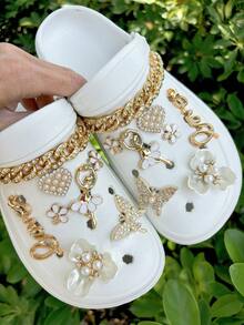 New 16pcs DIY Gold Ballet Angel Girl Chain, Heart, Flower, Butterfly, Faux Pearl Camellia Detachable Shoe Flower Decoration Buckle, Suitable For Garden Shoes, Beach Shoes, Sandals, Slippers, Holiday Gifts - Gold - View 6
