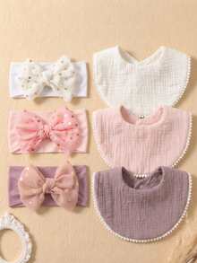 6pcs Baby Bow Headband & Bib Set, Ruched Lace Cute Infant Bibs & Drool Cloths, Sweet Newborn Styling Accessories, Suitable For Daily Use In All Seasons - Multicolor - View 1