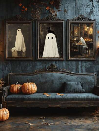 3pcs Canvas Wall Art, Framed Wall Decor, Vintage Dark Ghost Black Cat Canvas Wall Decor Poster, Hot-Selling Gothic Eerie Style Halloween Oil Painting Decor, Atmosphere Wall Ornament, Suitable For Modern Home Decor, Room Decor, Dorm Decor, Bedroom Decor, Bathroom Decor, Kitchen Decor, Dining Room Decor, Living Room Decor, Office Decor, School Decor