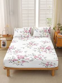 1pc White Base Large Pink Multicolor Peony Floral Pattern Fitted Sheet, No Filling, Bedroom Use Flannel Microfiber Breathable Comfortable Fitted Sheet, 1pc/Pack, Extra Large/Large/Full/Queen Size, Deep Pocket Design, Fits Up To 11.8 Inches Thick - Pink - View 2