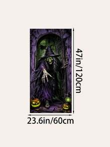 Halloween Witch Door Curtain Backdrop, Purple & Green Scary Witch Pumpkin Print Polyester Vertical Door Banner, High-Definition Printing Lightweight Easy To Hang, Suitable For Entrance Door, Hallway, Haunted House And Halloween Party Decoration - Witch - View 8