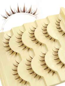 5 Pairs Spiky Manga Lashes Natural Look False Eyelashes, Wispy Soft Lashes, Lightweight Faux Mink Strip Lashes, Reusable Eyelashes For Daily Makeup Suitable For Beginners - 棕色 - 查看 6