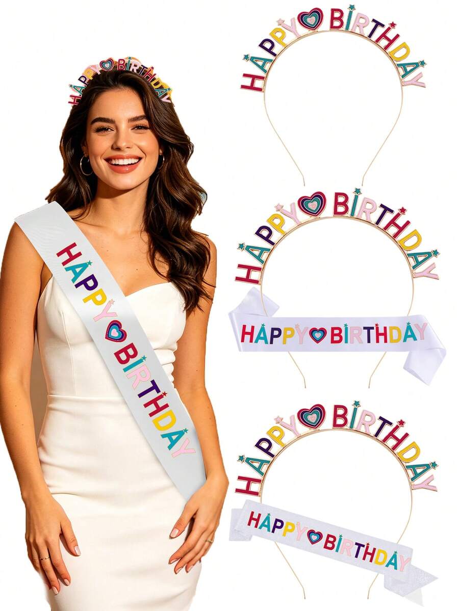 1件/2件/1套 時尚彩色 HAPPY BIRTHDAY 字母髮箍 生日派對肩帶式髮箍套組 - 彩色 - 查看 1