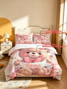 2/3PCS Girls Custom Name Pink Bow Bear Floral Balloon Print Polyester Zipper Resistant Duvet Cover Set, Sweet Girly Cartoon Bedding Set For Kids Bedroom All Seasons - Multicolor - View 3