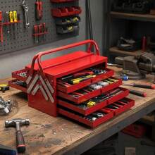 Cantilever Tool Chest 18-Inch For Household Factory Warehouse, 3-Tier 5-Tray Portable Folding Design Metal Handle Lock Hole Powder Coated Steel Red Organizer-XY405050 - Multicolor - View 1