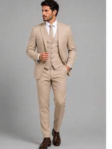 Slim Fit 3 Piece Suit – Sophistication With Stylish Vest - Beige - View 1