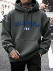男士秋冬休閒時尚百搭日常通勤 CALIFORNIA 字母標語印花袋鼠口袋抽繩連帽衛衣 - 灰色 - 查看 1