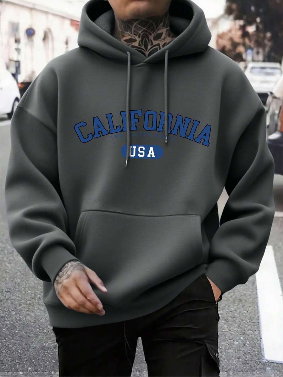 男士秋冬休閒時尚百搭日常通勤 CALIFORNIA 字母標語印花袋鼠口袋抽繩連帽衛衣 - 灰色 - 查看 1