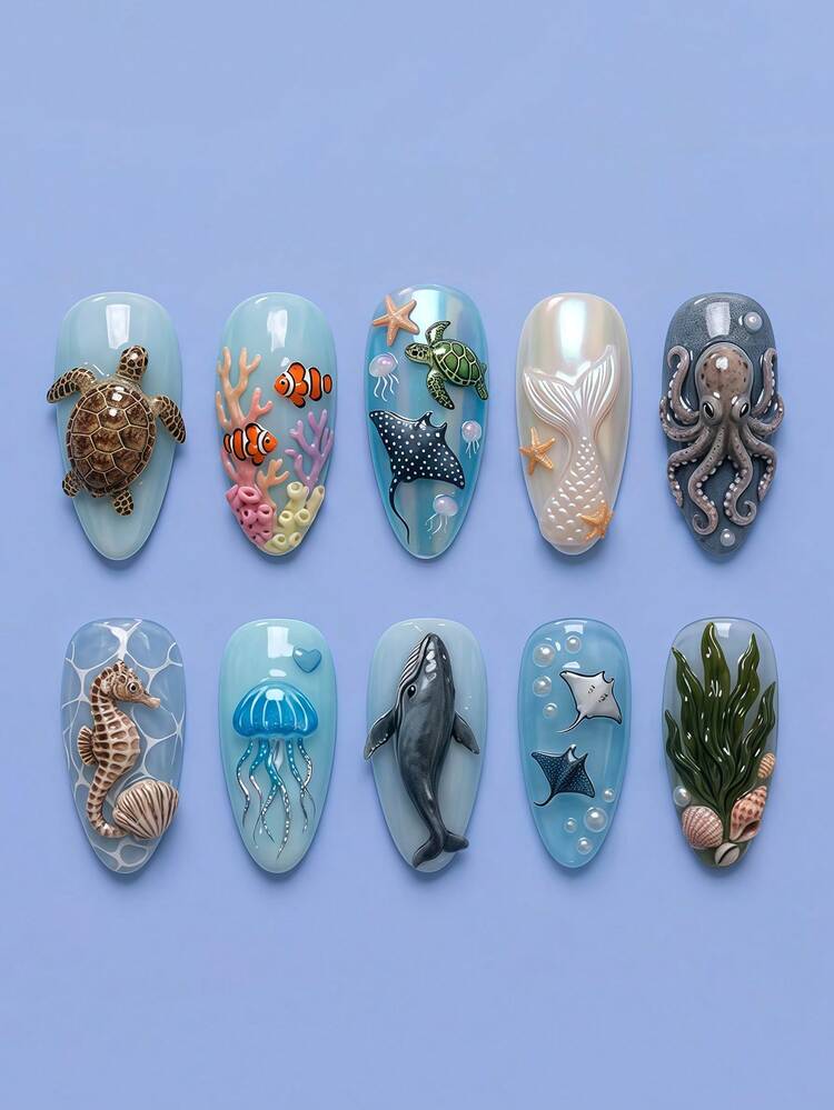 Add A Touch Of Romance 10pcs S Size Almond Shaped Press-On Fake Nails Summer Ocean Embossed Deep Sea Whale Turtle Seahorse Octopus Coral Seaweed Pattern Design Full Coverage Fake Nail Stickers Suitable For Women And Girls, Includes 1 Adhesive Sticker And 1 Mini Nail File, Suitable For Summer Office Daily Wear, Randomly Shipped Jelly Glue - Multicolor - View 1