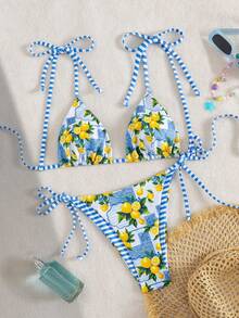 Conjunto de 2 piezas de bikini halter triangular con estampado de frutas para mujer, para vacaciones de verano en la playa - Multicolor - Ver 2