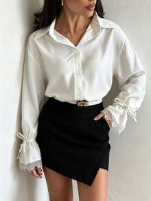 Women's Solid Color Casual Shirt With Lace Trim Cuffs, Elegant For Leisure And Commute, Spring/Summer White - White - View 4