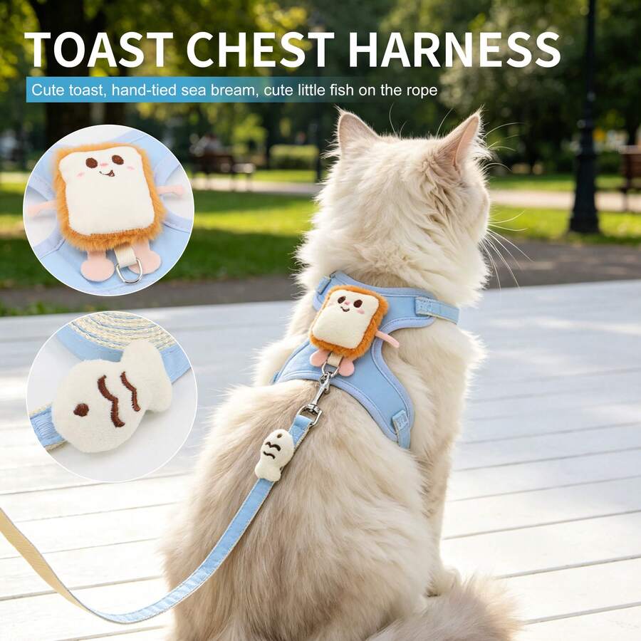 2Pcs/Set, Stylish & Eye-Catching: Blue Toast Harness & Fish Leash Set, Universal For Small To Medium Cats & Dogs, Breathable & Non-Choking, Sturdy & Portable, Top Choice For Daily Outdoors - Multicolor - View 1