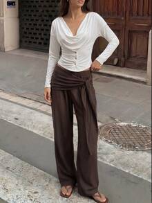 HoloChill Women's Young Influencer Casual Style Contrast Color Button Top Fall Casual 2026 New Versatile High Elastic Waist-Cinching T-Shirt, Women's Autumn Clothing Women's Party Top Women's Outing Top Women's Elegant Top Back To School Season - Beige - View 8