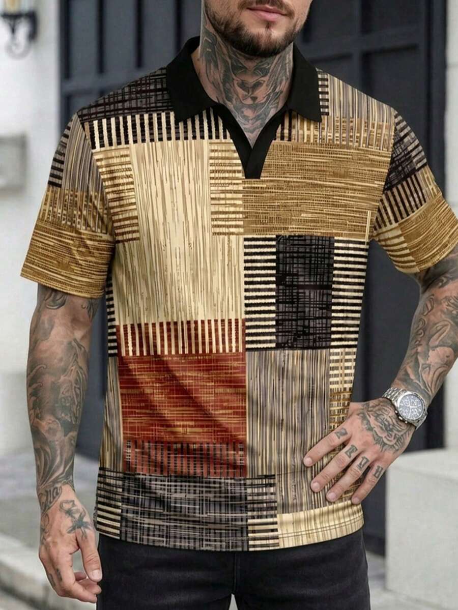 Men's Summer Fashion Minimalist Geometric Patchwork Woven Texture Print Ribbed Collar Polo Shirt - Multicolor - View 1