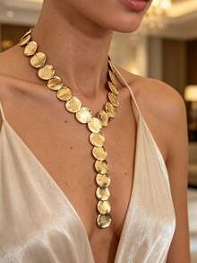 1pc Fashion Asymmetrical Round Sequin Y-Shaped Necklace, Elegant Long Spliced Metal Neck Jewelry For Women - Gold - View 1