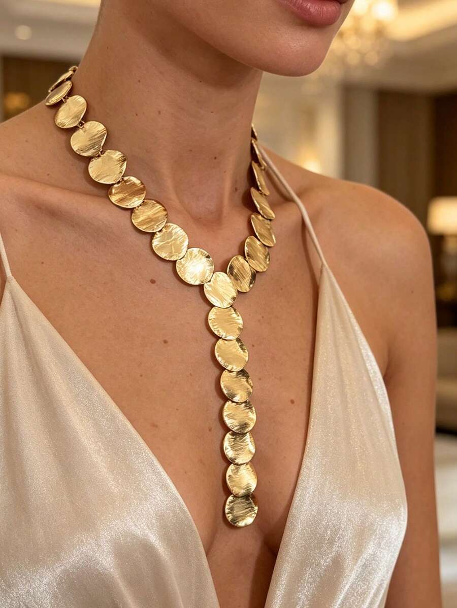 1pc Fashion Asymmetrical Round Sequin Y-Shaped Necklace, Elegant Long Spliced Metal Neck Jewelry For Women - Gold - View 1