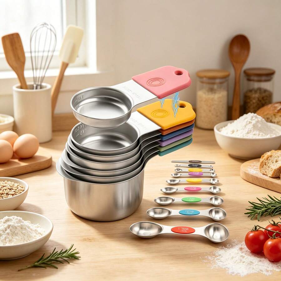 Colorful Magnetic Measuring Cups/Spoons Set, Measuring Tools, Stainless Steel Double-Headed Spoons, Dry And Wet Ingredient Measuring Tools, Used For Measuring Milk, Oil, Flour, Sugar And All Baking Ingredients, Convenient For Precise Baking And Cooking, Minimalist Style, Practical Kitchen Gadget, Perfect Gift For Baking Enthusiasts - Multicolor - View 1