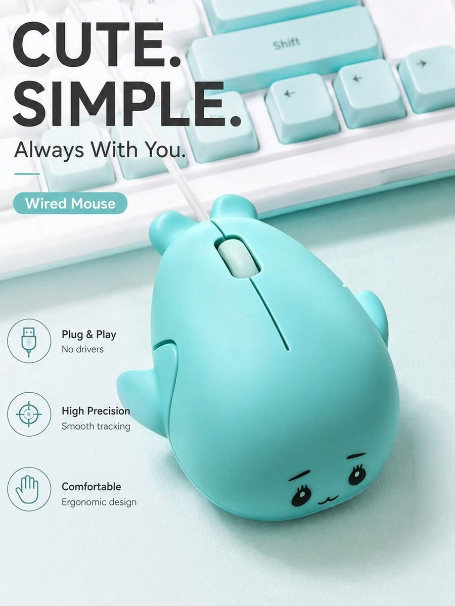 Kawaii Cartoon Dolphin Wired USB Mouse Ergonomic Comfort Grip Plug & Play No Driver Matte Anti-Slip Cute Computer Mice High Precision Smooth Tracking For Laptop Desktop Student Office - View 1