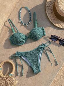 Bikinx Set Bikini Wanita Bertekstur dengan Tali Bahu Tipis Berhiaskan Manik-Manik dan Desain Ikat Belakang, Cocok untuk Liburan Pantai Musim Panas - Dark Green - View 3