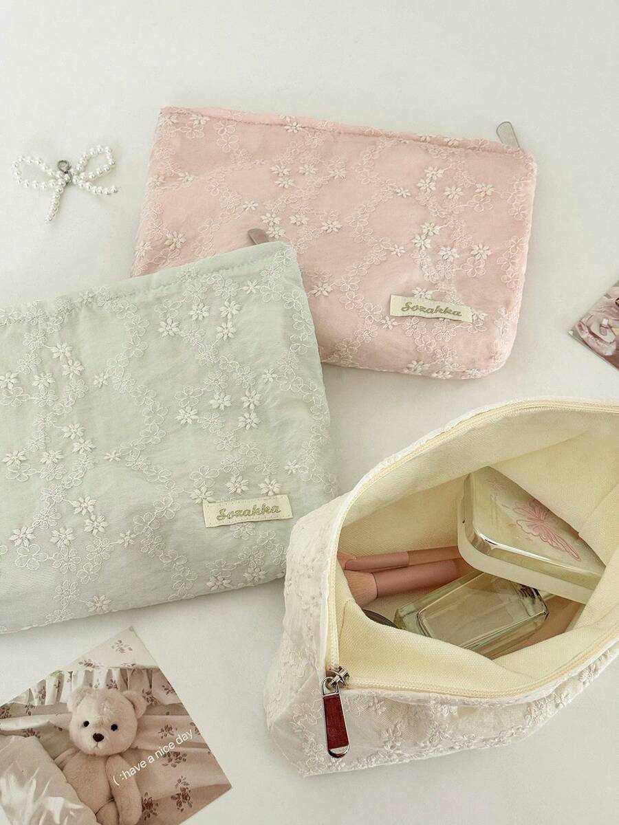 3D Floral Embroidery Storage Bag, 3 Colors Available, Gentle Floral Pattern, Fabric Material, Large Capacity, Multi-Functional, Lightweight, Convenient, For Skincare, Makeup, Digital Products And Small Items - Multicolor - View 1