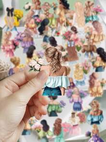 50pcs Girl Holding Flower Stickers For Scrapbook, Diary, Notebook, Phone Case, Tablet, Violin, Cabinet, Window, Skateboard, Guitar Decoration, Holiday Gift - Multicolor - View 5