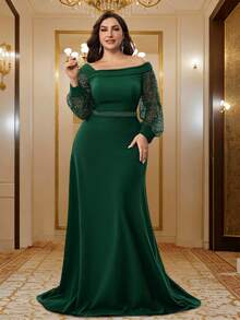 BluePlum Vestido de Noche con Escote Asimétrico en Silueta A, Vestido Formal con Mangas de Linterna Transparentes con Lentejuelas, Vestido de Novia, Dama de Honor y Madre de Talla Grande para Boda - Verde Oscuro - Ver 1