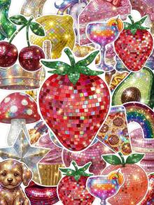 Paquete de 50 pegatinas de purpurina disco Y2K, pegatinas de vinilo brillantes de frutas, postres y plantas para fiestas, adecuadas para portátil, diario, escuela, equipaje y manualidades DIY - Multicolor - Ver 3