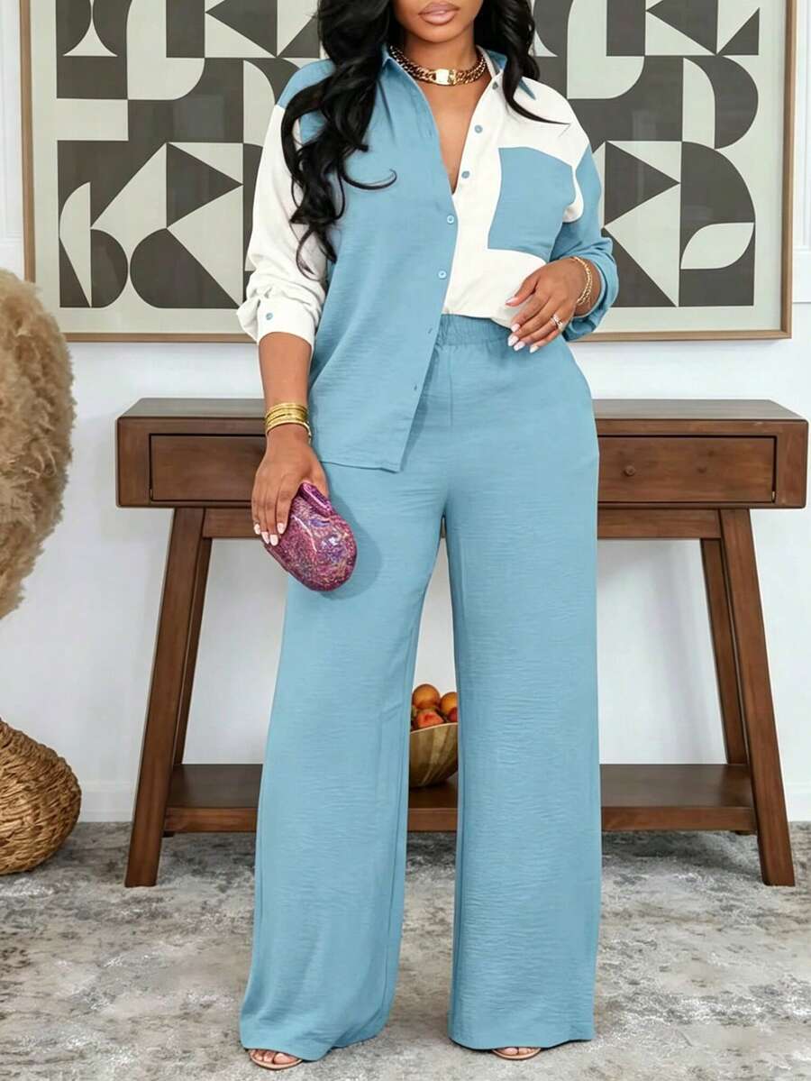 Camisa con bolsillo de bloques de color y pantalones de pierna ancha, conjunto casual y elegante de primavera - Celeste - Ver 1