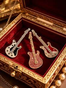 1pc Guitar Shaped Lapel Brooch, Unique Personalized Decoration, Cool Retro Street Style Badge, Suitable For Women Of All Ages, Daily Jacket And Bag Accessory - Guitar Model a - View 2
