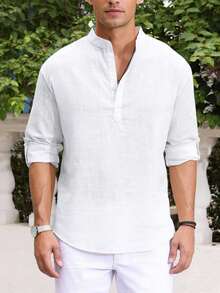 Men's Cotton Linen Long-Sleeved Shirt - 白色1 - 查看 11
