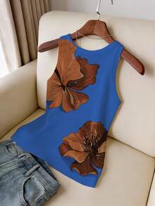 ASHKATIA Plus Size Round Neck Knit Tank Top, Printed Pattern, Regular Length, Slightly Elastic Fabric, Suitable For Autumn Wear. Fall - Navy Blue - View 2