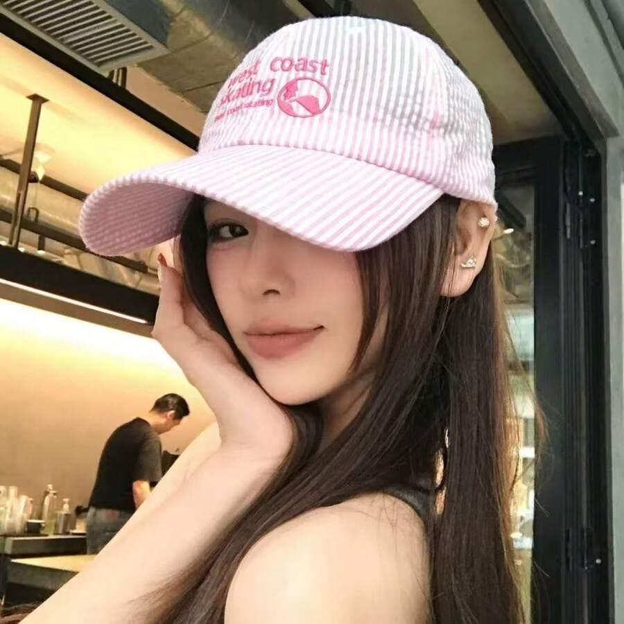 1件 2026新款清新防曬鴨舌帽,修飾臉型直條紋字母刺繡棒球帽,女款韓版 - 彩色 - 查看 1