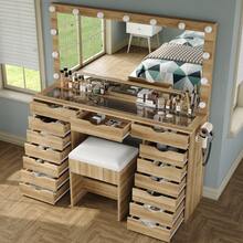 FUSOU 15 Drawers Dressing Table With Power Outlet, Makeup Vanity With  Mirror And 13 LED Lights, 3 Color Modes, Adjustable Brightness, Glass Top Vanity For Dressing Room Bedroom - Natural Color - View 5