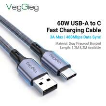 VegGieg USB-A To USB-C 60W Fast Charging Cable 3A Braided Data Cord For IPhone 15-17 CarPlay HiCar 480Mbps Transfer Anti-Break Durable 1.2m/2m - View 2