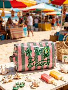 Colorful Striped Beach Makeup Bag, Beach Print, Waterproof PVC Toiletry Bag, Portable Travel Makeup Bag, Multi-Functional Toiletry Bag, Vacation Makeup Bag, Perfect For Swimming, Beach, Diving And Summer Vacation, Suitable For Friends, Family, Best Friends, Classmates. Perfect For Birthday, Holiday, Party, Mother's Day, Teacher's Day Gifts And Souvenirs.,Back To School - Multicolor - View 4