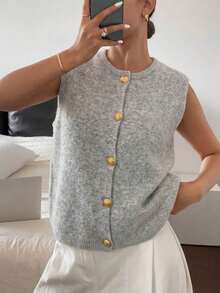 1pc Minimalist Solid Color Gentle Vibe Single-Breasted Metal Button Knit Vest, Casual Tops For Women, Round Neck Fashion Sweater - Light Grey - View 9