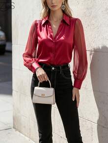 1pc Women's Solid Color Satin Front Button Elegant Fashionable Mesh Patchwork Long Sleeve Blouse, Suitable For Office, Vacation, Daily Wear, Festivals, All Seasons Spring - Wine Red - View 5