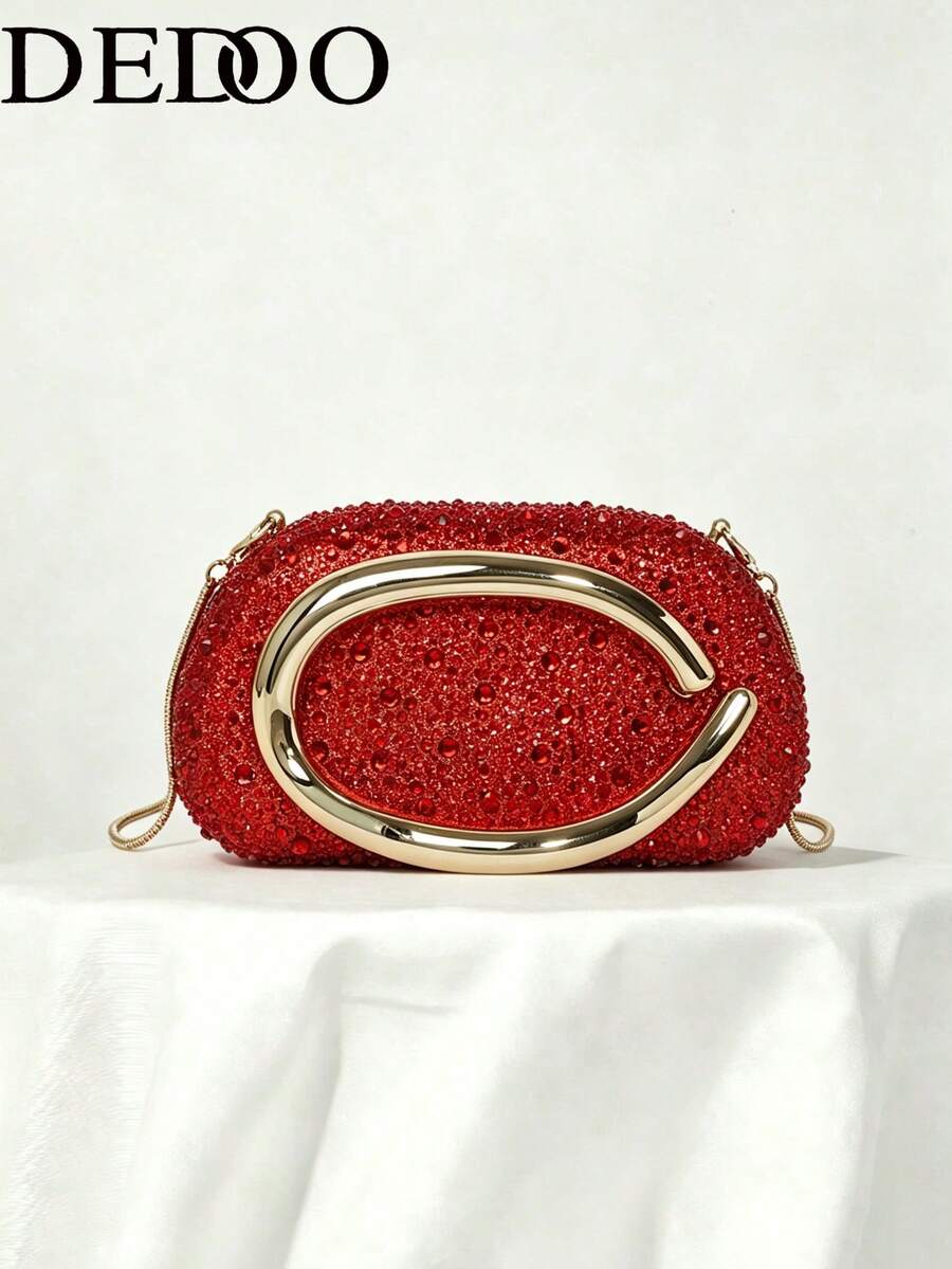 Women's Rhinestone Rounded Rectangular Evening Clutch Bag, Curved Oval Front Handle Handbag, Fashionable Crossbody Bag, Suitable For Wedding, Ball, Valentine's Day Party - Red - View 1