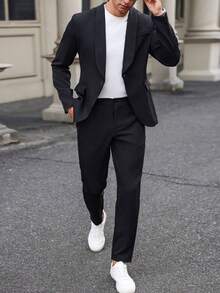 Men's 2-Piece Lightweight Suit Set, Solid Color Double-Breasted Black Blazer And Pants, Suitable For Professional Formal Wear, Office Commute, Wedding, Party, Banquet, Valentine's Day Gift - Black - View 3