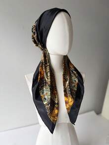 1pc Paisley Cashew Print Satin Bandana Headscarf, Elastic Slouchy Headwrap Scarf, Trimmed Women's Headscarf, Convenient Headwrap Hat Jewelry Accessories - Black - View 5