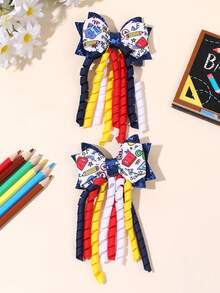 2pcs Back To School Pencil Print Glitter Bow Hair Clips, Cute Children's Hair Clips, Crocodile Clips, First Day Of School Gift, Daily Hair Accessories - Multicolor - View 9