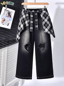 Vihyde Boys' American Vintage Plaid Apron & Distressed Wide Leg Straight Jeans 2 Pieces Set - Black - View 4