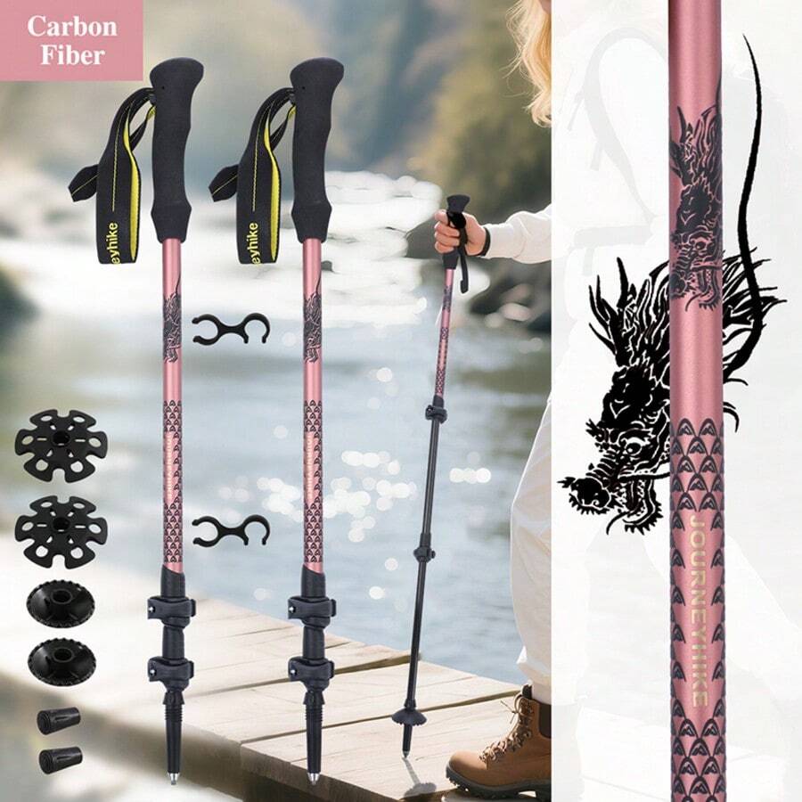 Ultra-Lightweight Carbon Fiber Trekking Poles, 3-Section Telescopic, Lightweight - 50% Lighter Than Aluminum, Durable, Shock-Absorbing. Chinese Dragon Embossed, Symbolizing: Auspiciousness/Power/Sacredness/The Power To Conquer Everything, Owning It Can Help You Conquer Every Mountain. - Multicolor - View 1