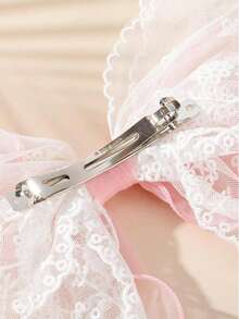 1pc Sweet Cute Holiday Party Pink Mesh Printed Bow Ribbon Spring Clip - Pink - View 4